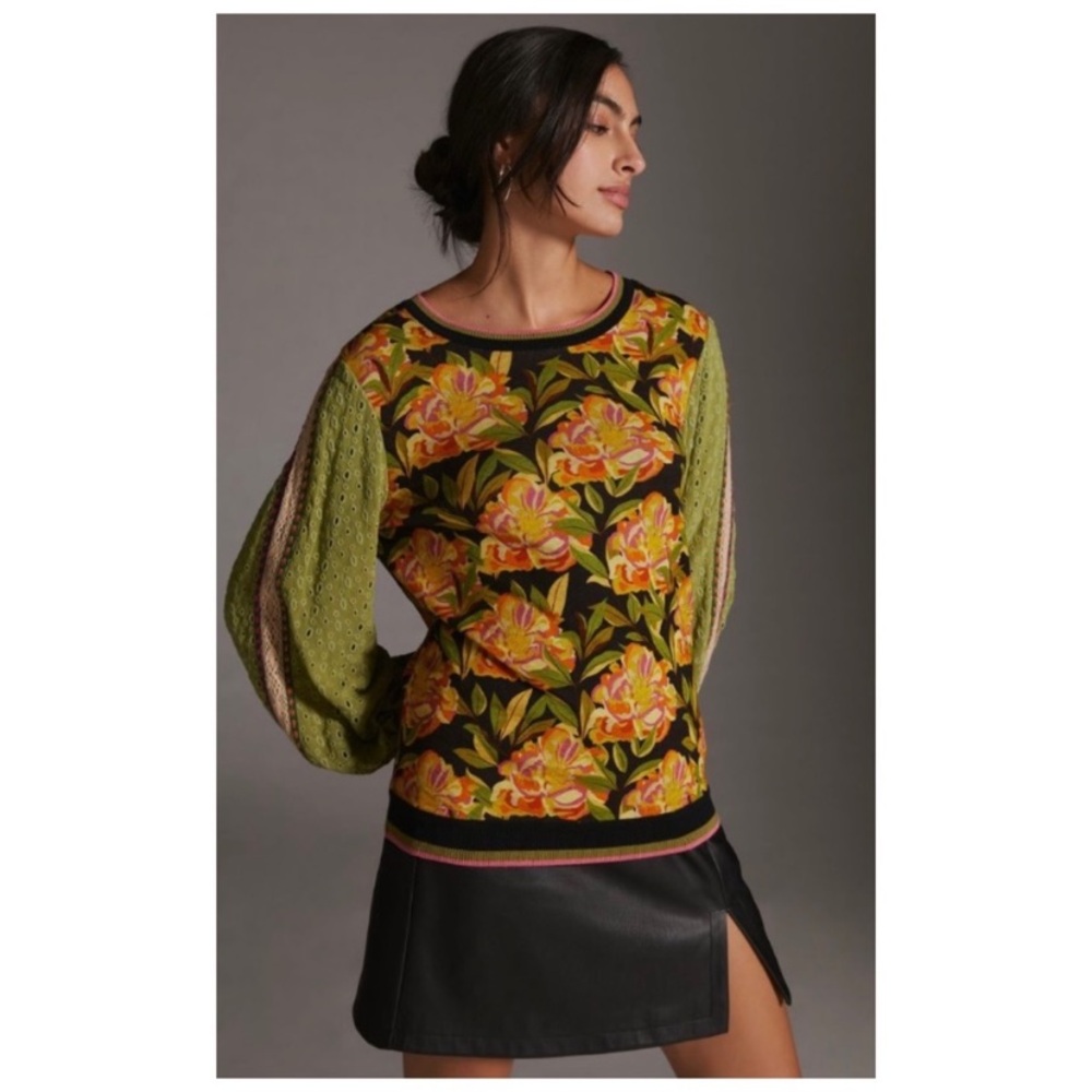 Anthropologie Blank London Contrast Eyelet Pullover With Bubble Sleeves XL